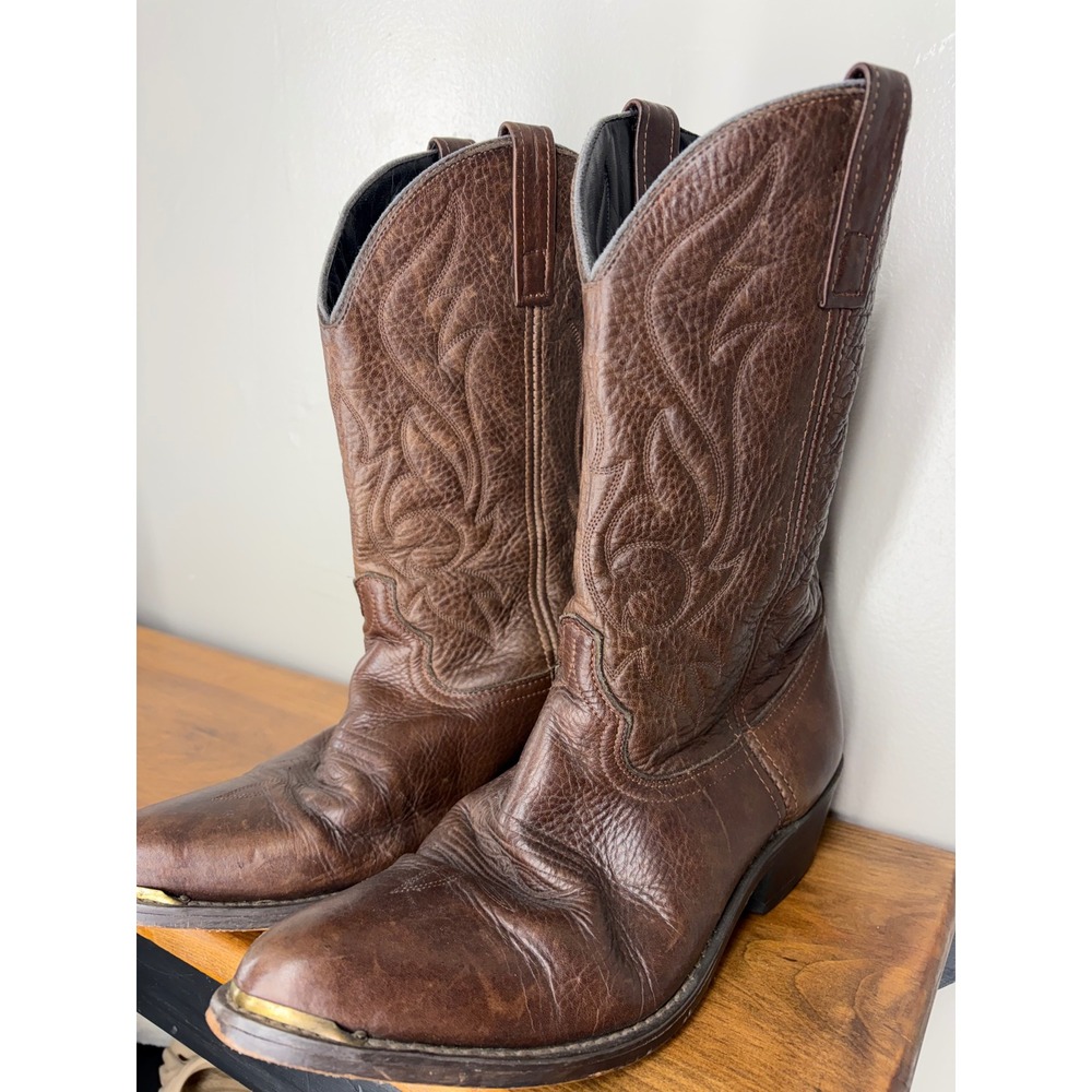 Mens Brown Leather Western Cowboy Boots Pointed Toe Metal Tip RB886 Size 10D